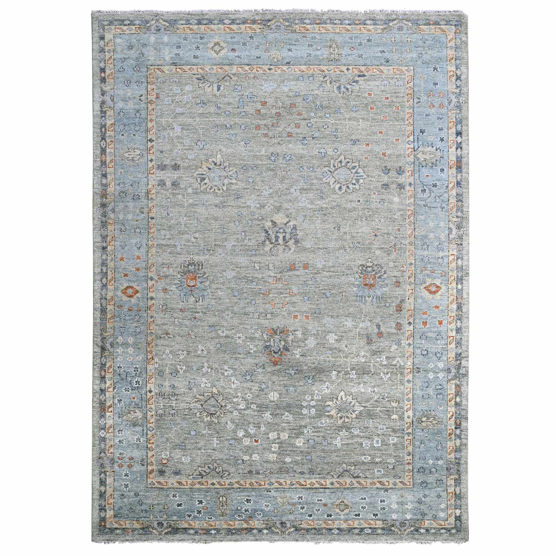 Pale Olive Green, Hand Knotted Tone On Tone Oushak Design, Lush and Plush Supple Collection, Pure Wool Soft Pile, Natural Dyes Oriental Rug